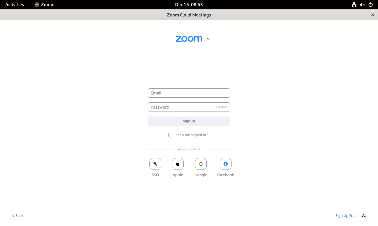 Screenshot of the sign-in page for Zoom on Fedora Linux.