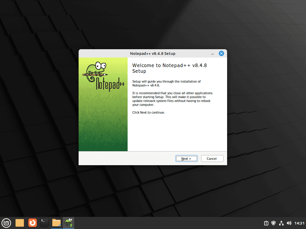 example begin install of notepad++ on linux mint 21 or 20 with wine