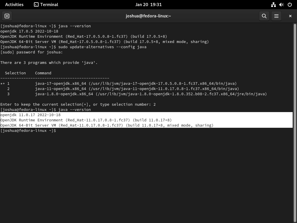 Screenshot showing the process of changing Java versions on Fedora Linux and verifying the change through terminal commands.