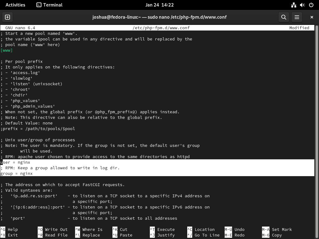 Screenshot showcasing the configuration of PHP-FPM to run as the Nginx user on Fedora Linux.