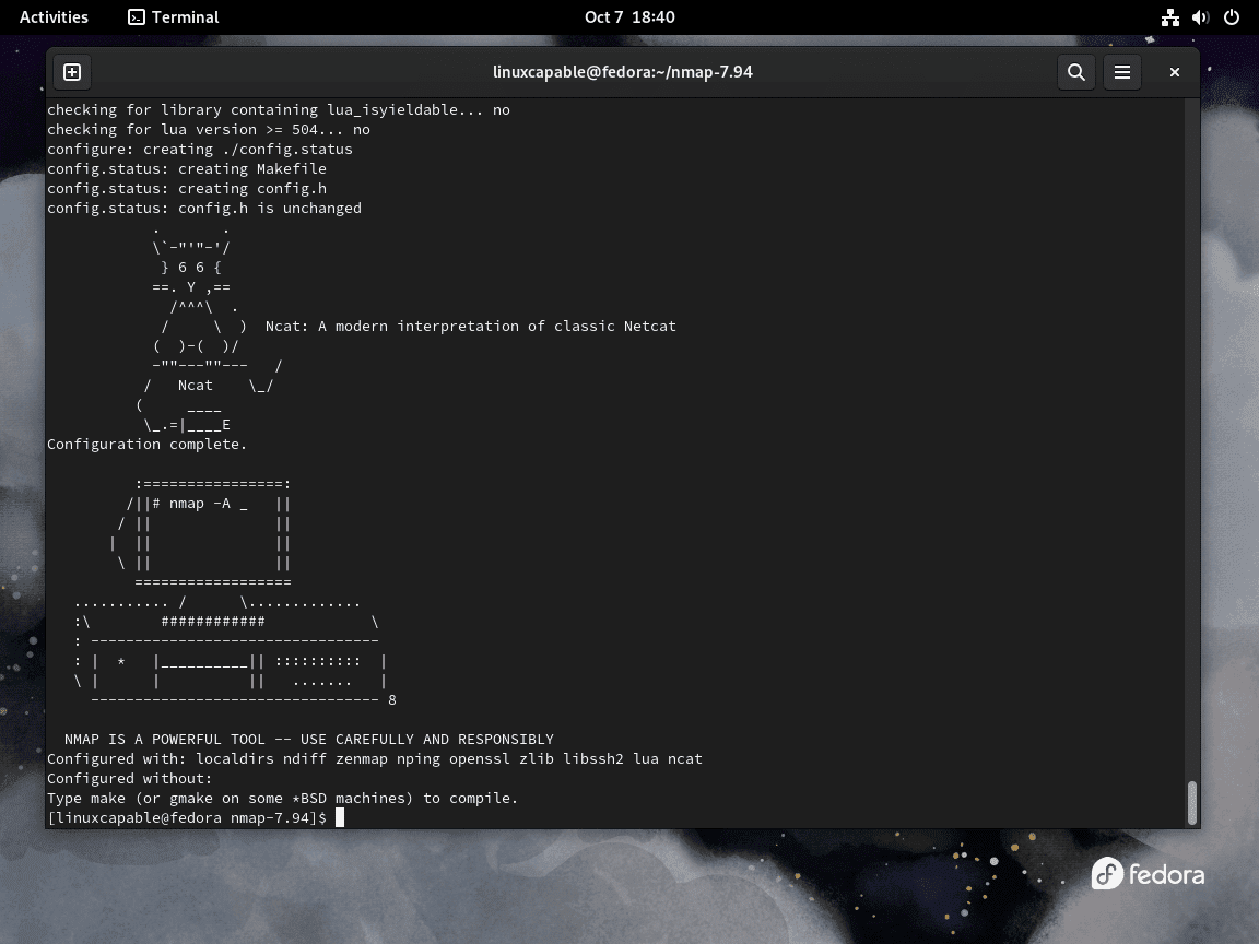 Screenshot illustrating a configured build script for Nmap installation on Fedora Linux.