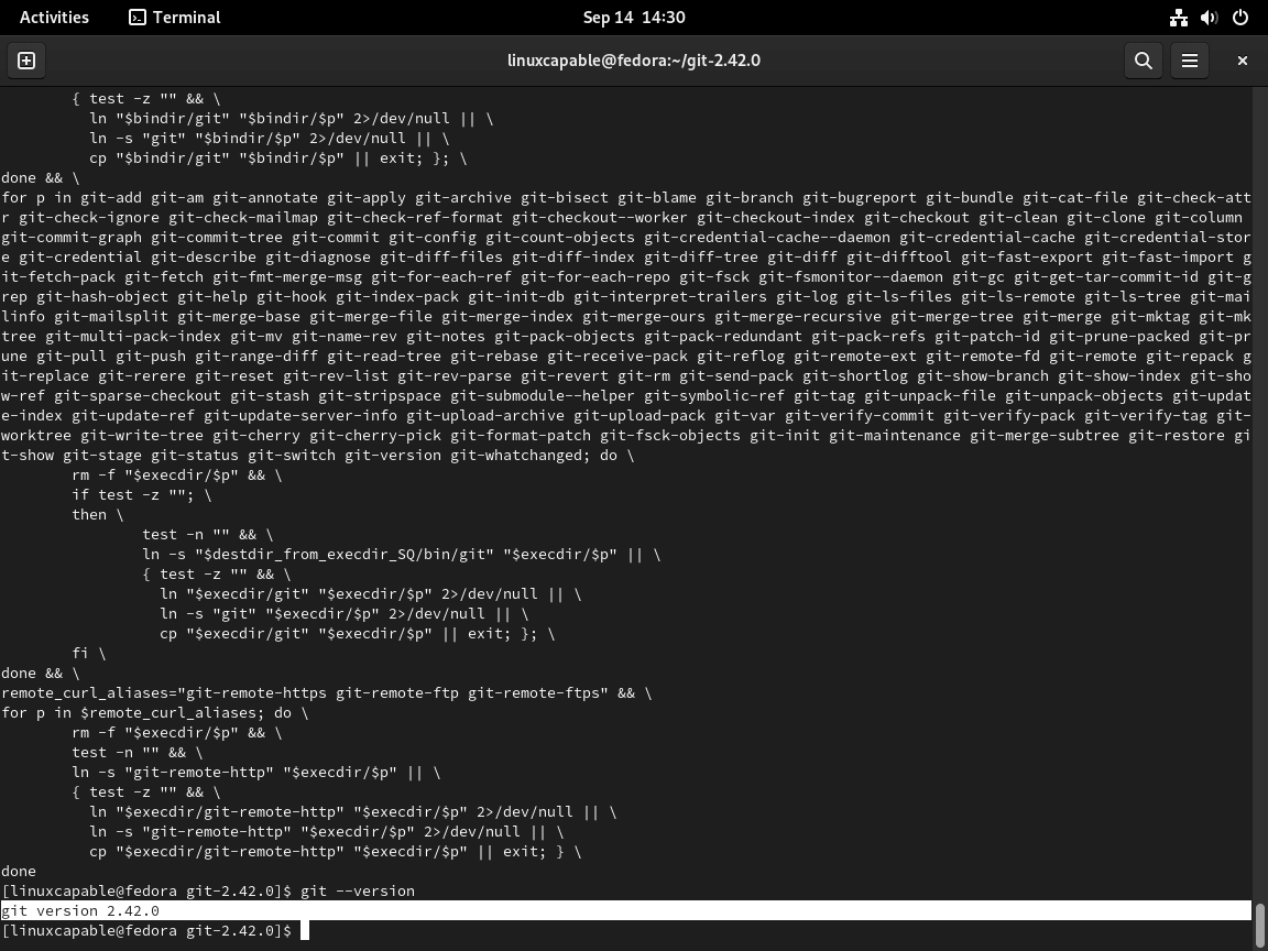Screenshot showcasing the completed Git installation using the source install method on Fedora Linux.