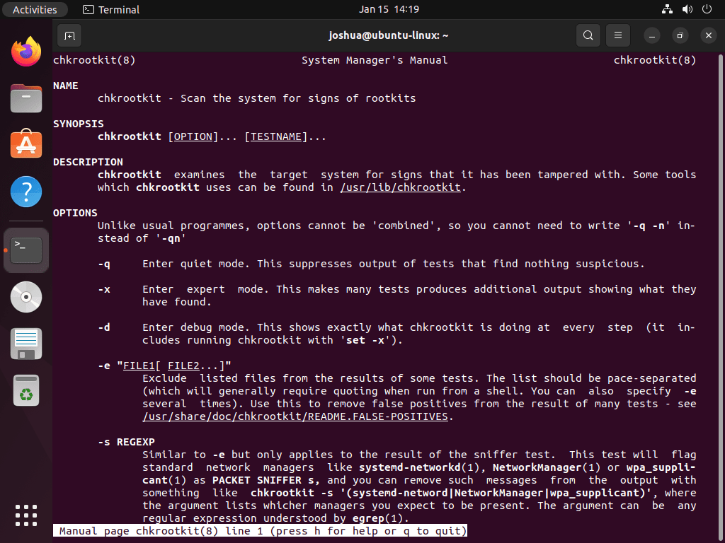 Another screenshot of Chkrootkit's help command output on Ubuntu 22.04 or 20.04.