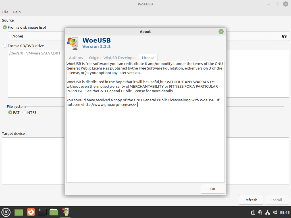 example of woeusb installed on linux mint 21 or 20