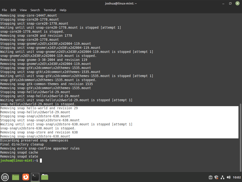 example removing snapd removes all installed snaps on linux mint 21 or 20