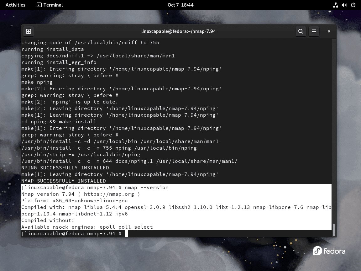 Screenshot showing the make install command followed by Nmap version output on Fedora Linux.