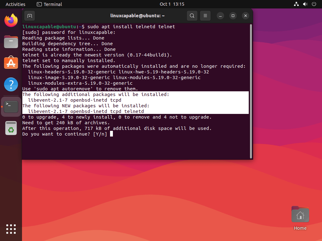 Terminal output showing the install prompt for Telnet on Ubuntu Linux