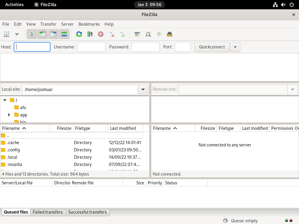 filezilla ftp client final look example on fedora 37 or fedora 36 linux