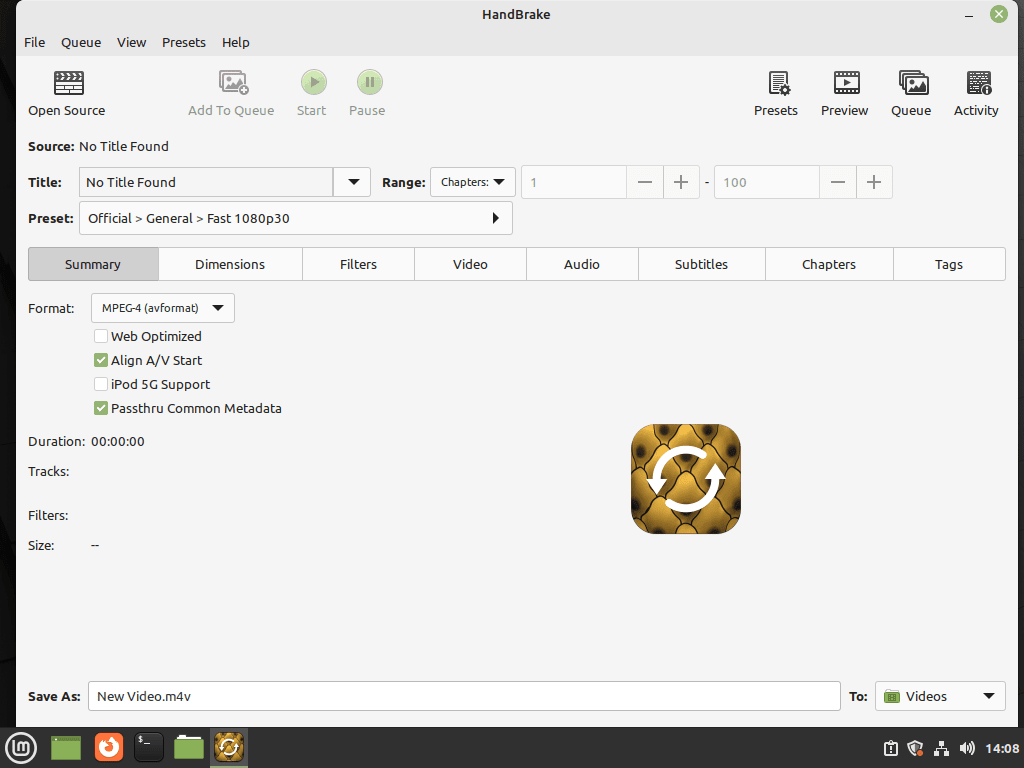 handbrake linux mint 21 or 20 successfully installed and launched example