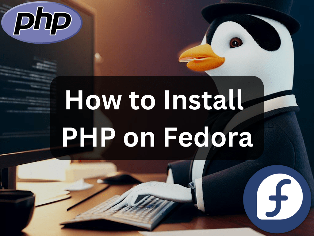 Custom feature image illustrating the installation of PHP versions 8.3, 8.2, 8.1, and 7.4 on Fedora Linux.