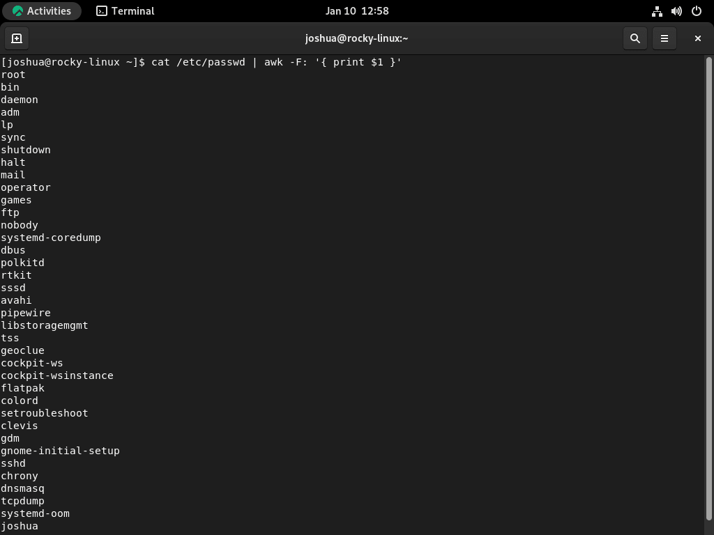 cat command example list usernames only on linux terminal.