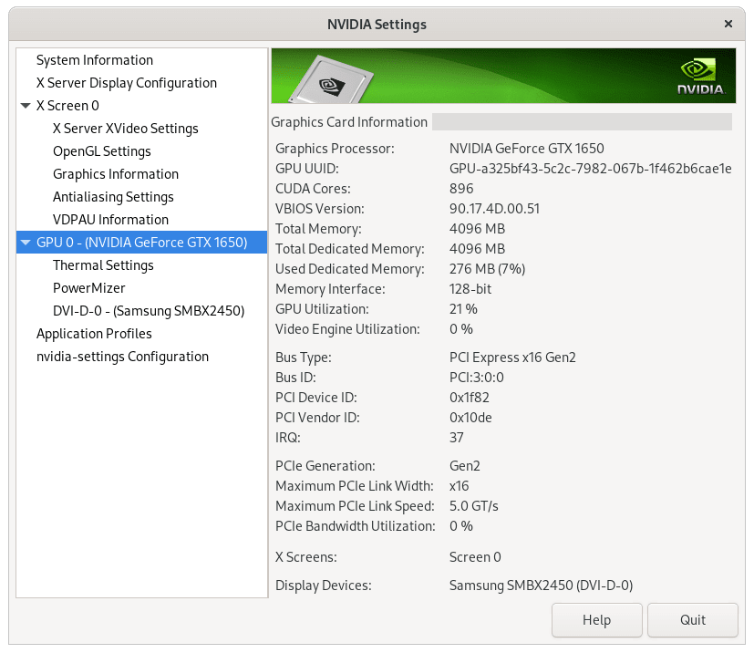 Screenshot of Nvidia Settings GUI displaying system information and graphics card stats on Rocky Linux 9 or 8.