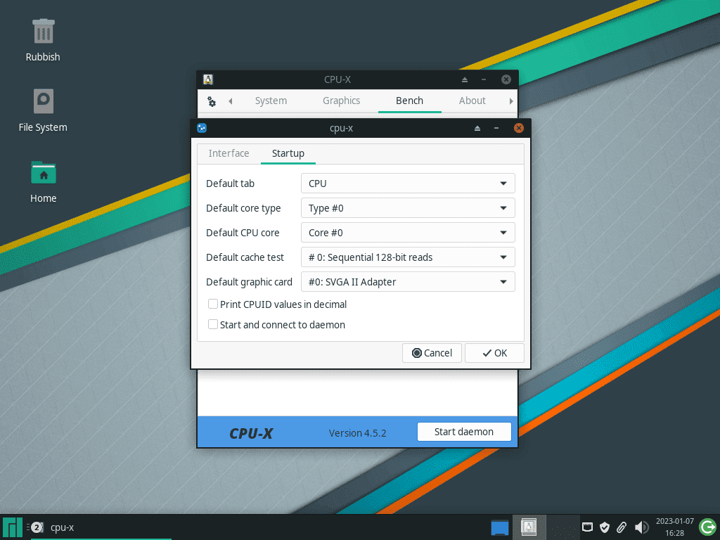 startup settings example for cpu-x on manjaro linux