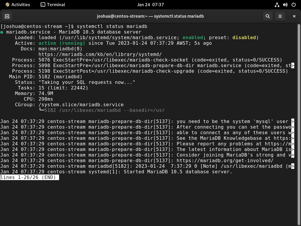 Screenshot of 'systemctl status mariadb' command for LEMP on CentOS Stream 9 or 8.