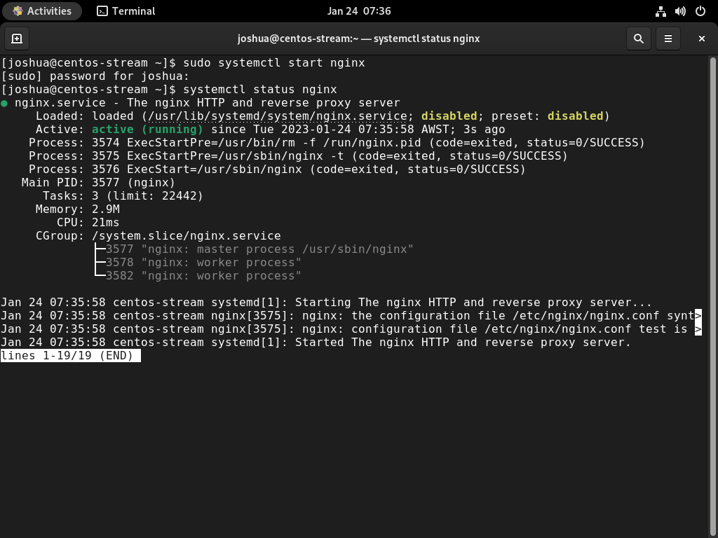 Screenshot of 'systemctl status nginx' command for LEMP on CentOS Stream 9 or 8.