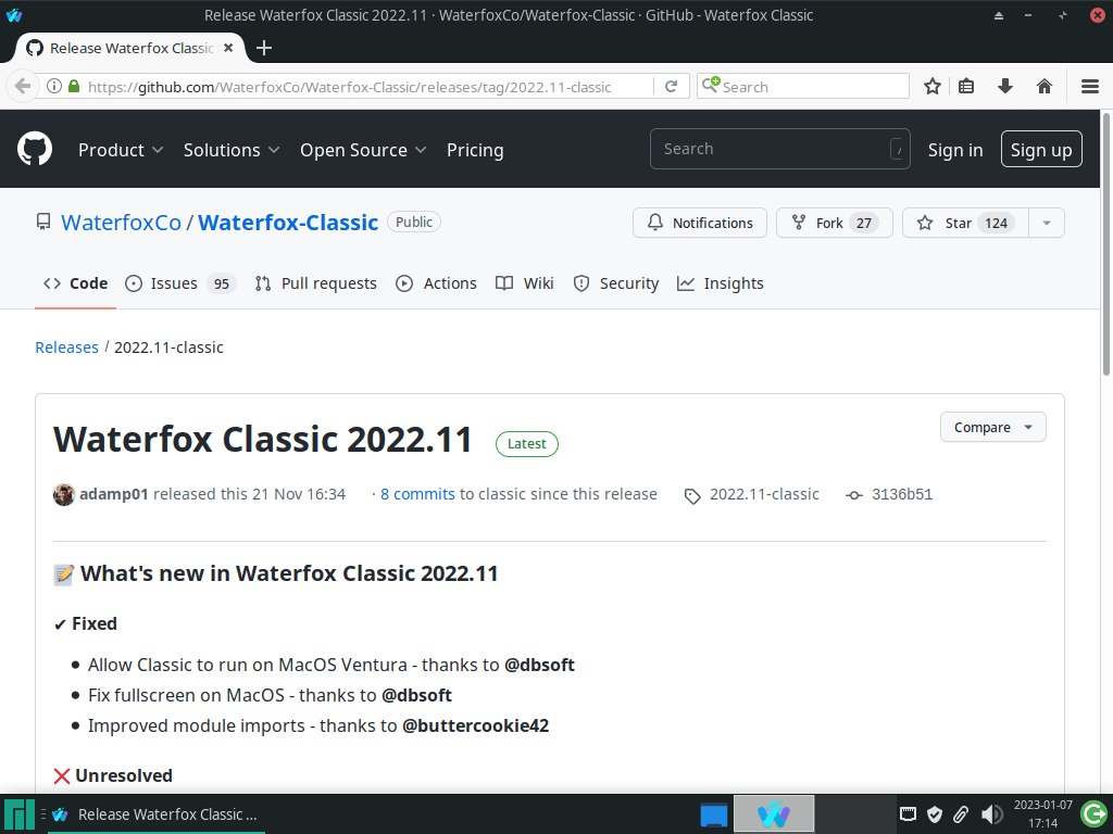 waterfox classic brower installed example on manjaro linux
