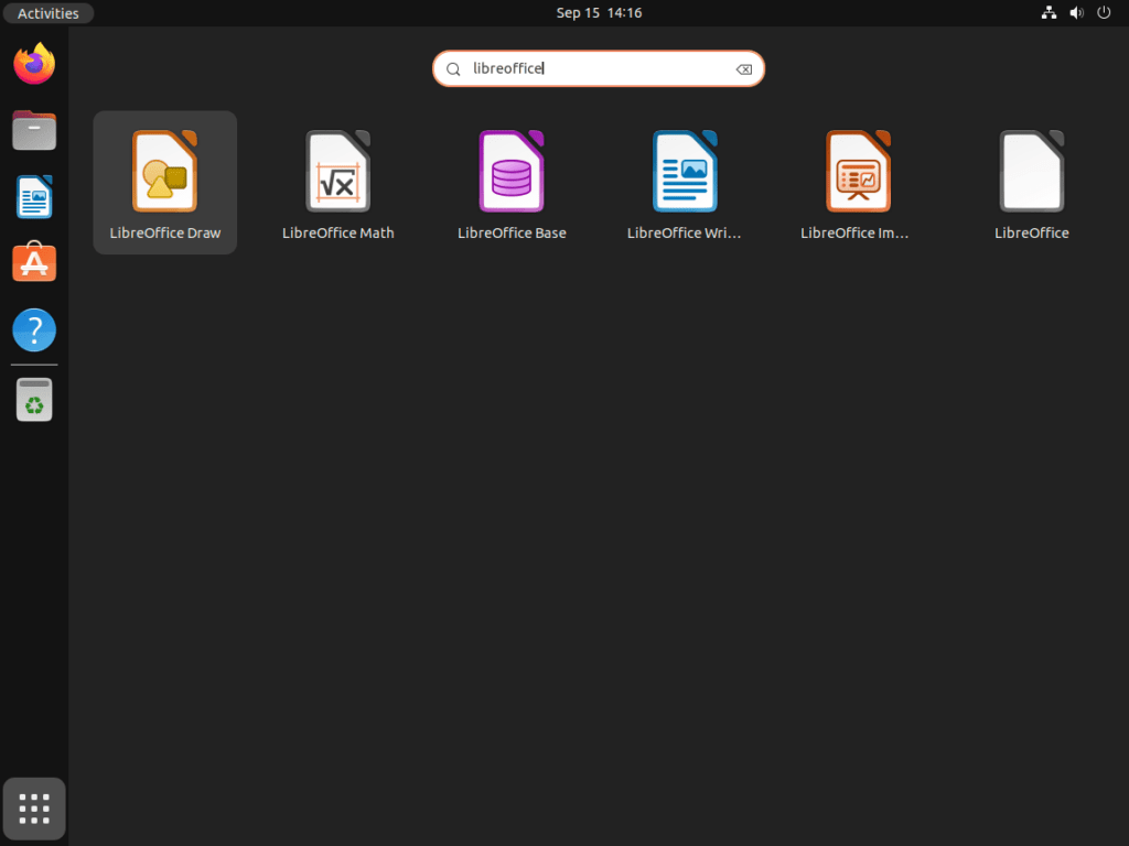 Screenshot of LibreOffice icons on Ubuntu 22.04 or 20.04, indicating clickable icons to launch the LibreOffice Suite.