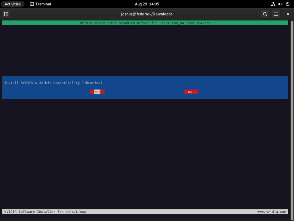 Screenshot of prompt to install NVIDIA 32-bit libraries on Fedora Linux