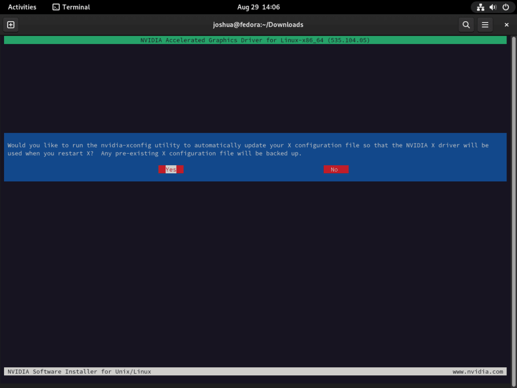 Screenshot of prompt to set NVIDIA xconfig utility on Fedora Linux