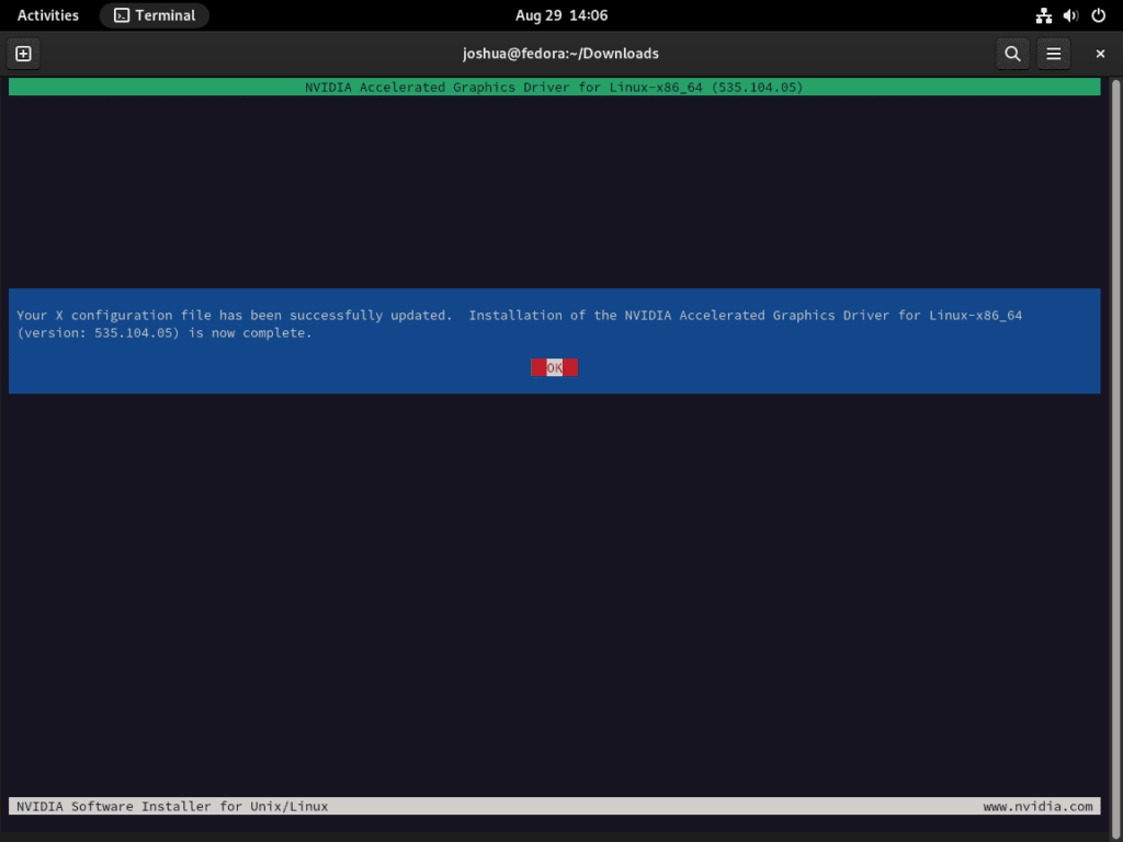 Screenshot of X configuration file being updated and NVIDIA drivers installed via run file on Fedora Linux
