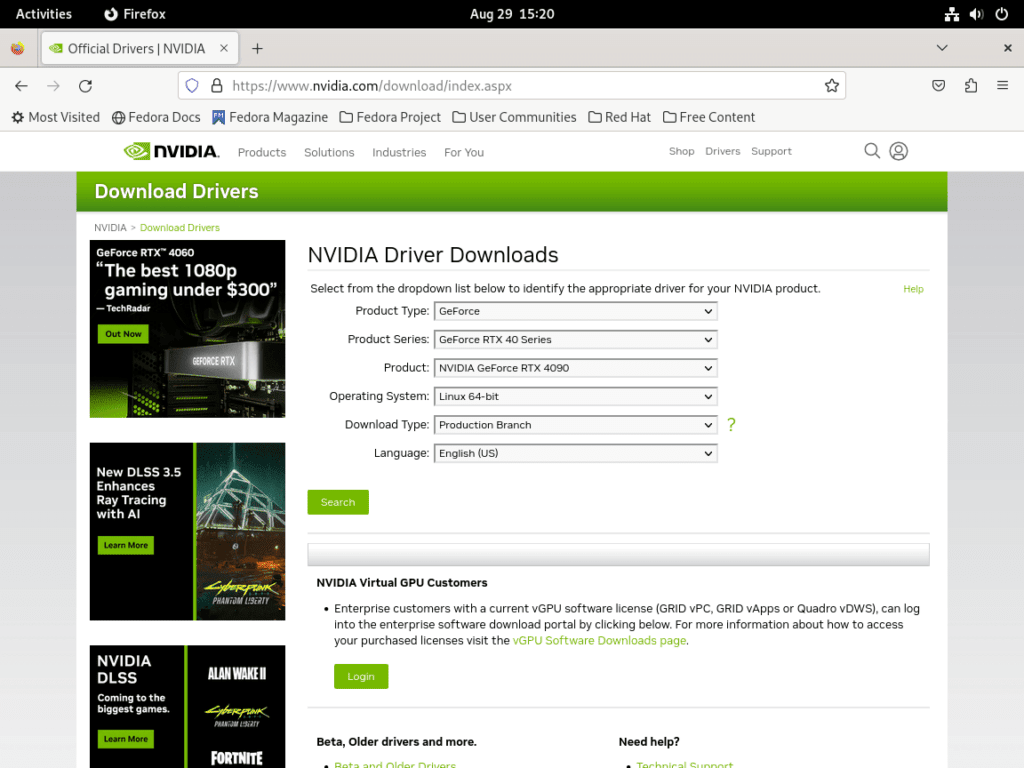 Screenshot of searching for NVIDIA drivers to download from NVIDIA's official website on Fedora Linux