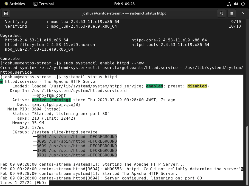 Screenshot showing systemctl status confirming Apache and systemd are working correctly on CentOS Stream 9 or 8.