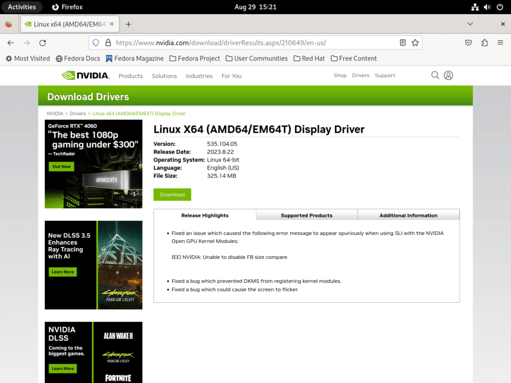 Screenshot showing recommended NVIDIA driver version for download on Fedora Linux