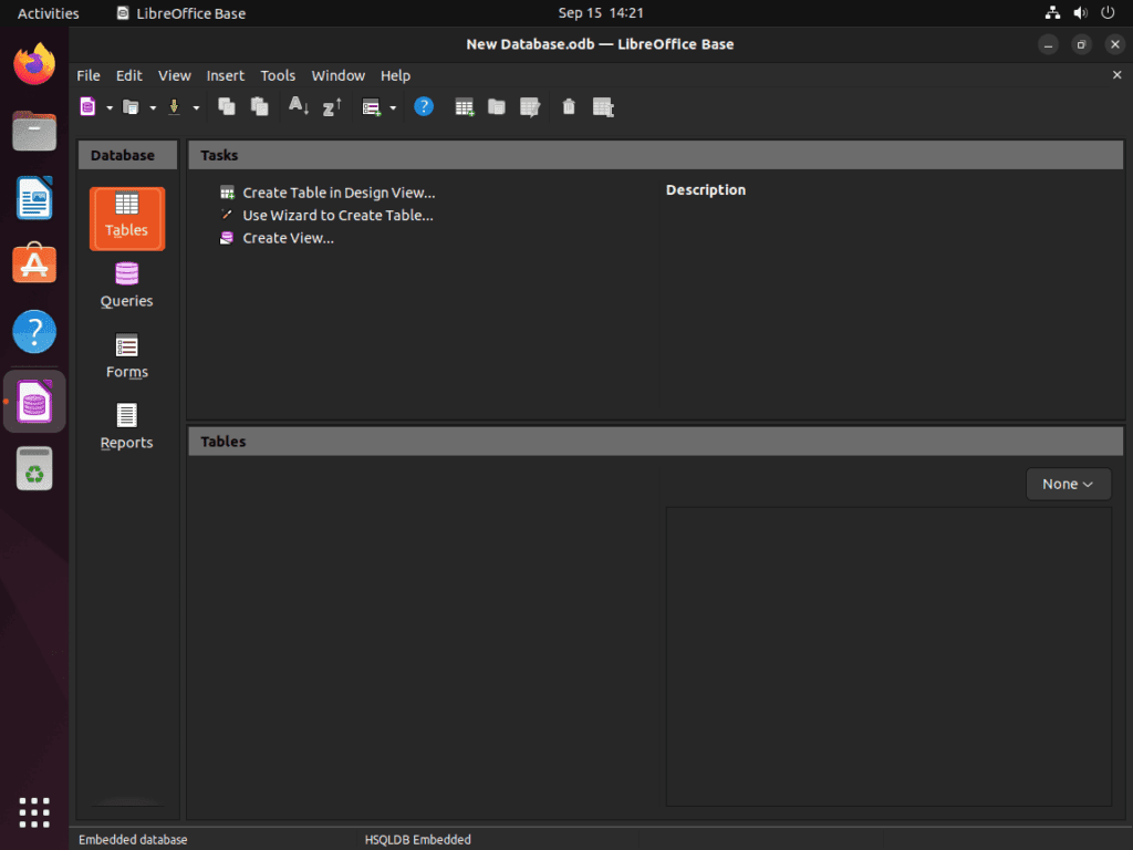 Screenshot illustrating the default user interface of LibreOffice Base on Ubuntu 22.04 or 20.04.