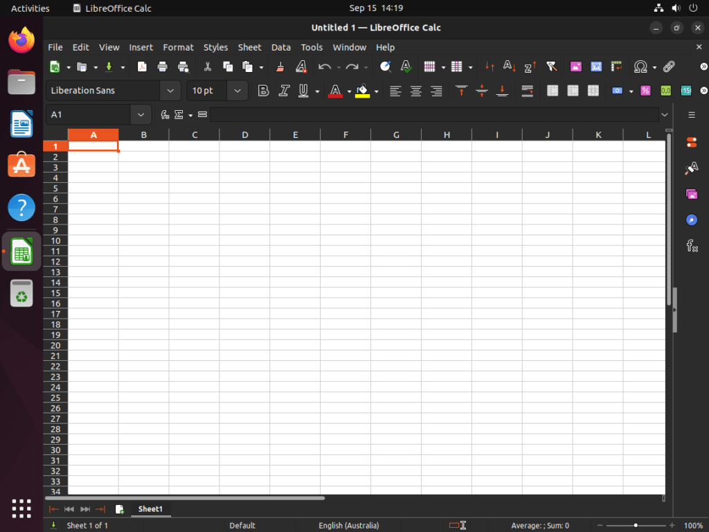 Screenshot displaying the default user interface of LibreOffice Calc on Ubuntu 22.04 or 20.04.