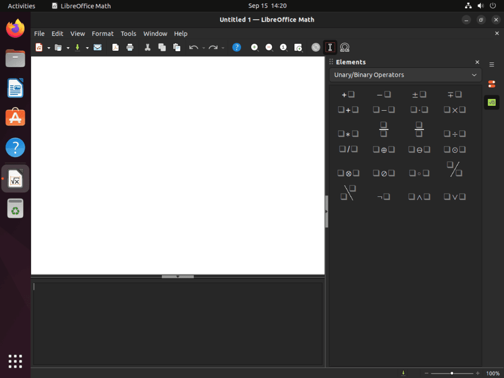 Screenshot displaying the default user interface of LibreOffice Math on Ubuntu 22.04 or 20.04.