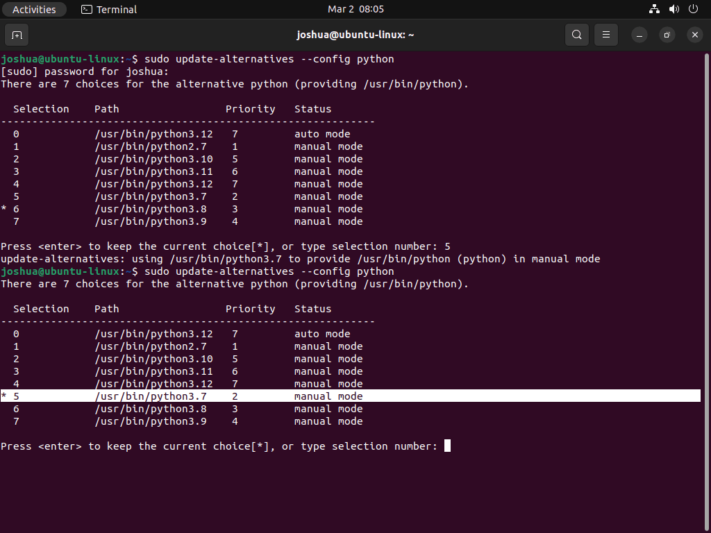 Screenshot Showing Python Version Change from 3.12 to 3.7 on Ubuntu 22.04 or 20.04