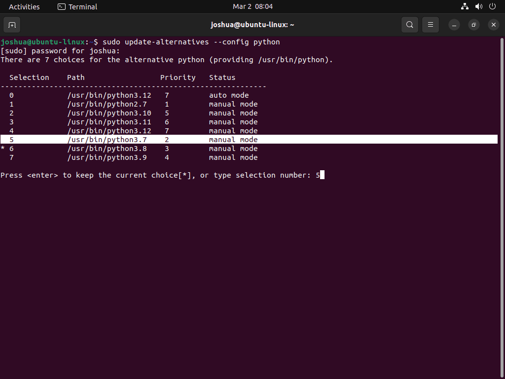 Screenshot Showing How to List Python Default Version on Ubuntu 22.04 or 20.04