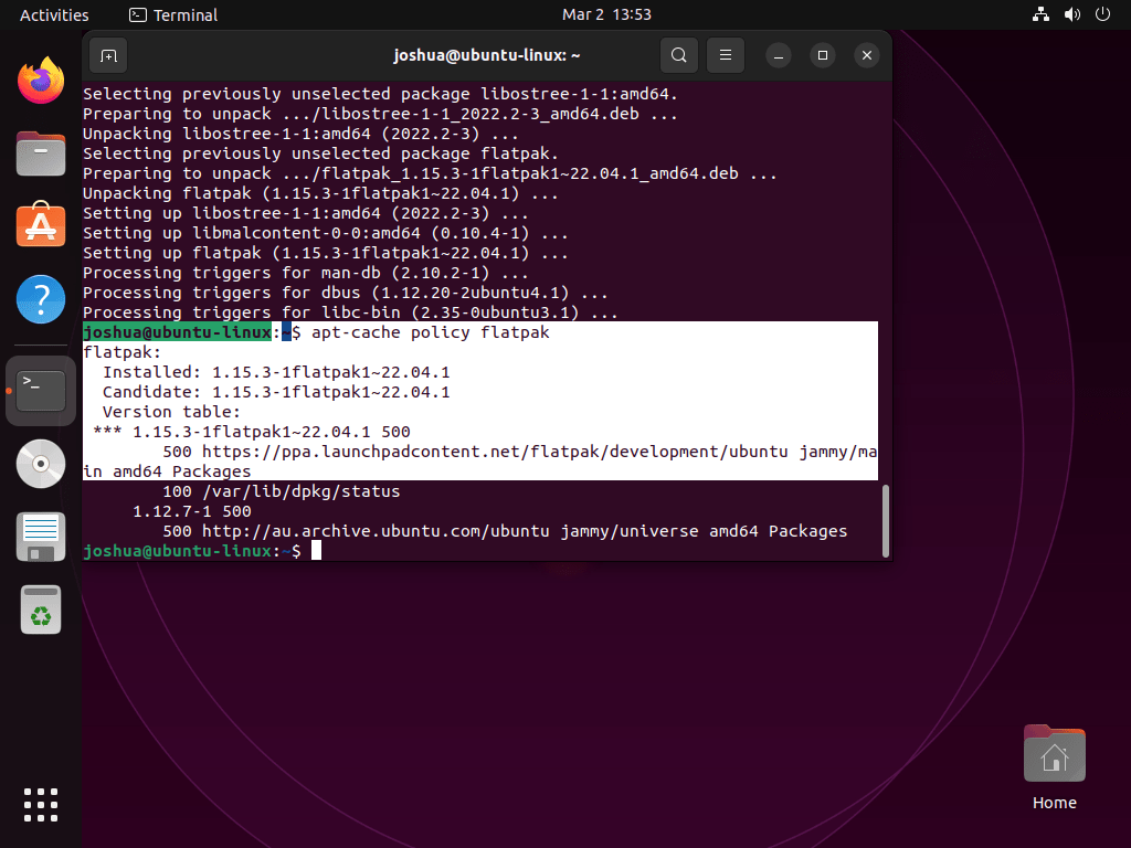 Screenshot showing the apt-cache policy command output for Flatpak development version on Ubuntu 22.04 or 20.04 Linux.