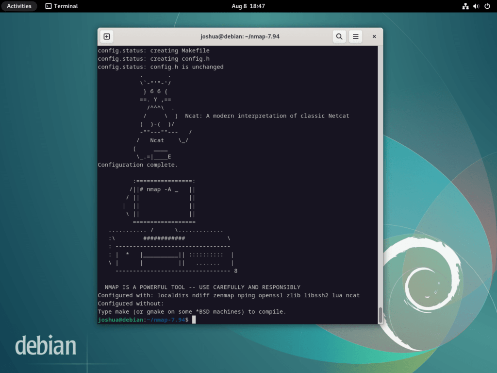 Screenshot showcasing compile configuration steps for Nmap on Debian.