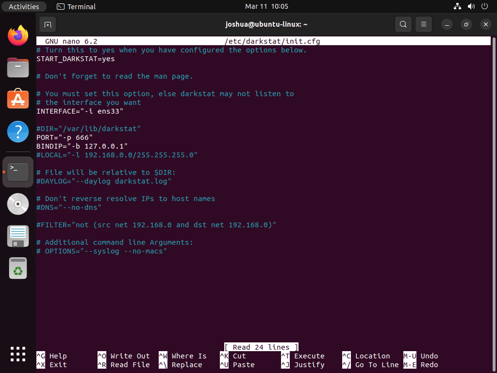 Darkstat configuration file example on Ubuntu LTS.