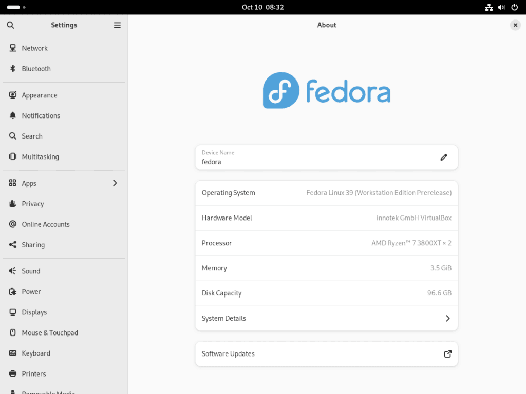 Screenshot revealing system information of Fedora 39 through the Settings GUI.