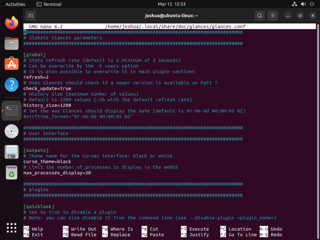example of glances configuration files on ubuntu 22.04 or 20.04 lts