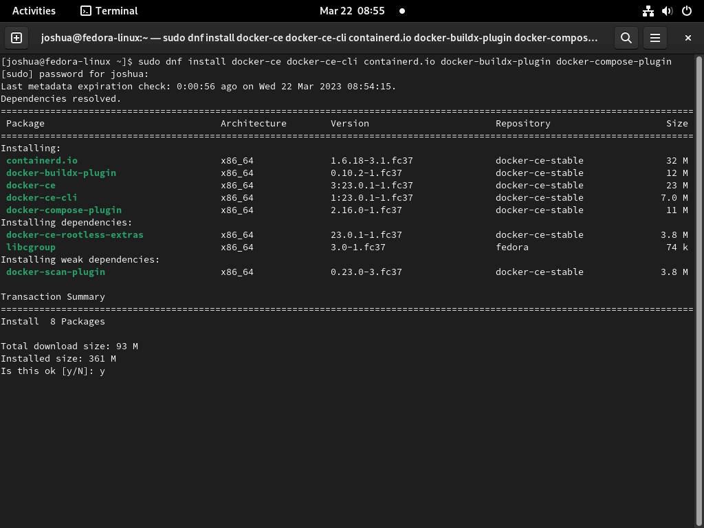 Screenshot depicting the installation steps of Docker from Docker RPM on Fedora Linux.