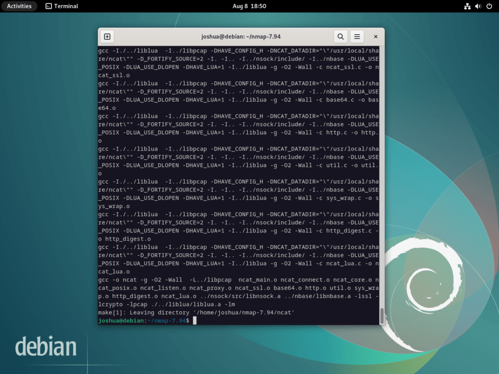 Screenshot of the completed make build process for Nmap on Debian.