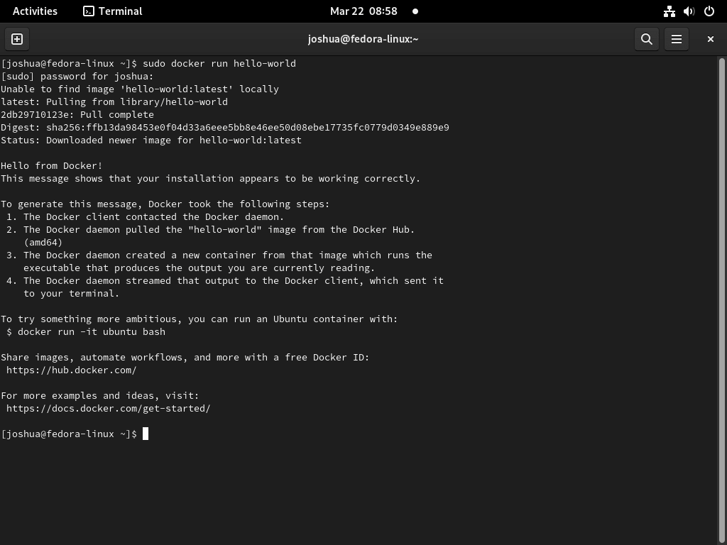 Screenshot showing terminal output after running the Docker 'hello-world' command on Fedora Linux.