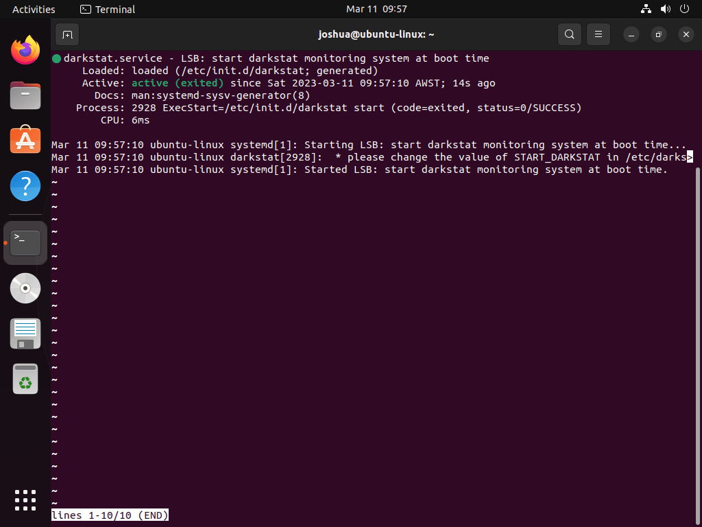 Systemd status of Darkstat service on Ubuntu LTS.