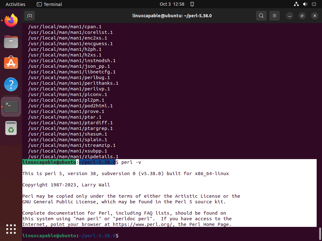 Successful 'make install' command for Perl on Ubuntu LTS terminal.