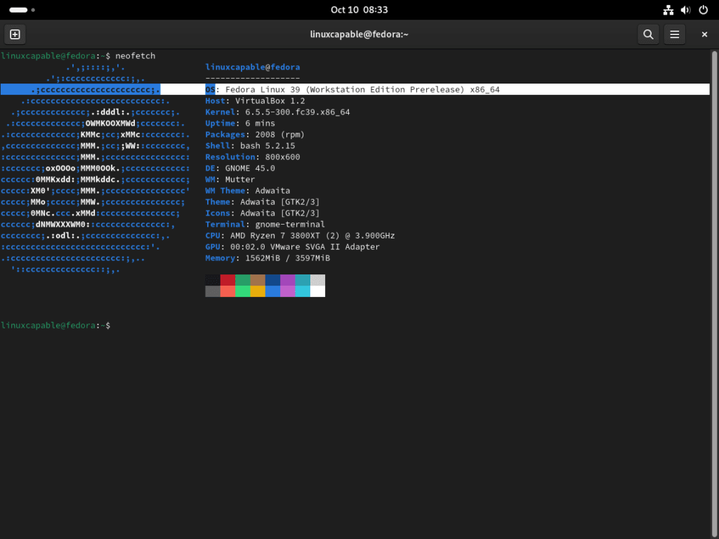 Terminal screenshot confirming the upgrade to Fedora 39 via Neofetch command output.