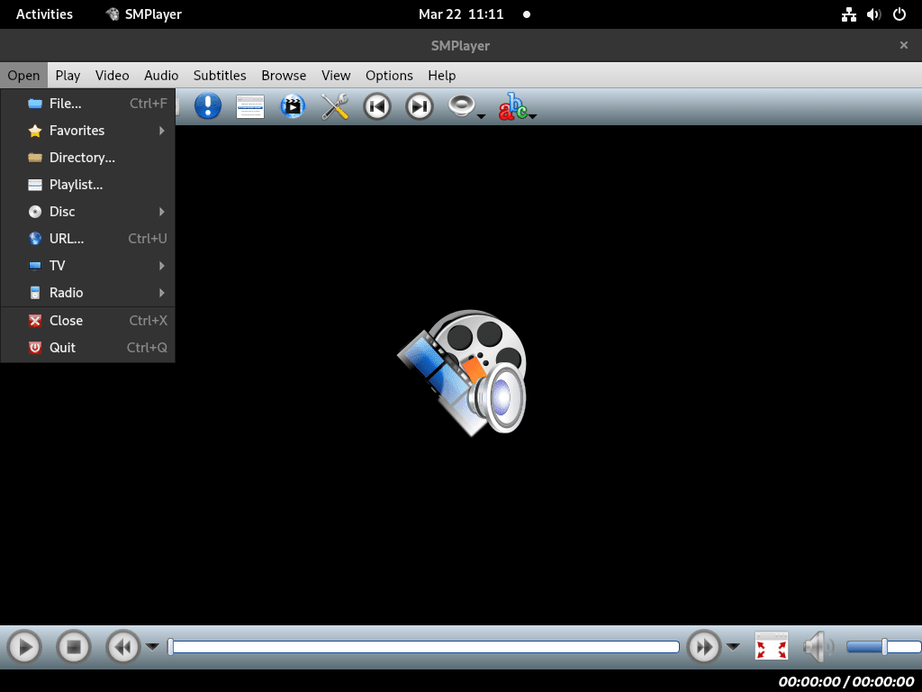 SMPlayer interface open and ready for media playback on Fedora Linux.