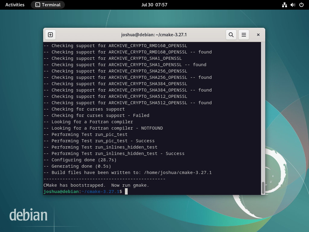 Screenshot of a successful bootstrap script for CMake on Debian 12, 11 or 10 Linux terminal.
