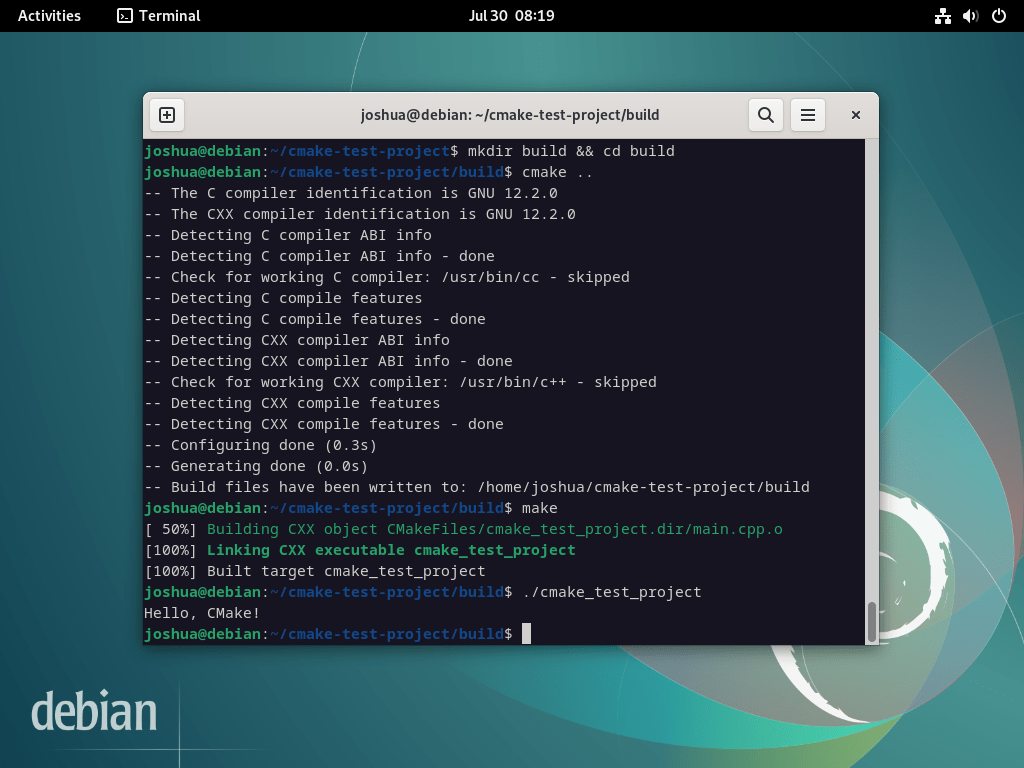 Screenshot of a successful "Hello World" test with CMake on Debian 12, 11 or 10 Linux terminal.