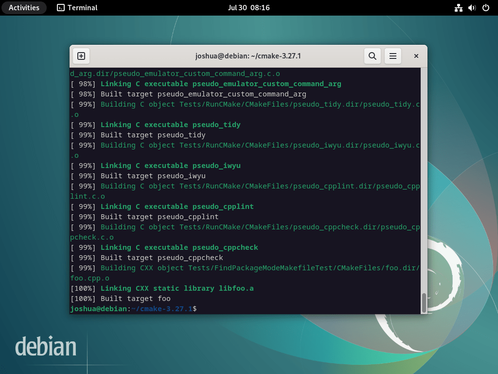 Screenshot of a completed make build for CMake on Debian 12, 11 or 10 Linux terminal.