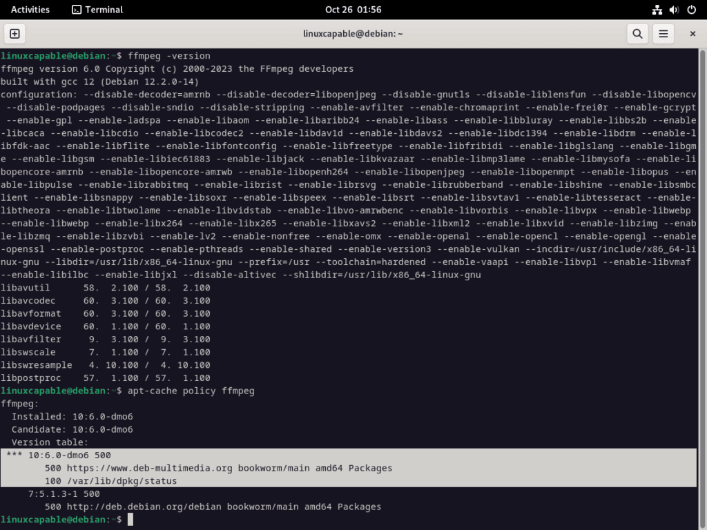 Screenshot showing successful upgrade of FFMpeg to the latest version on Debian Linux.