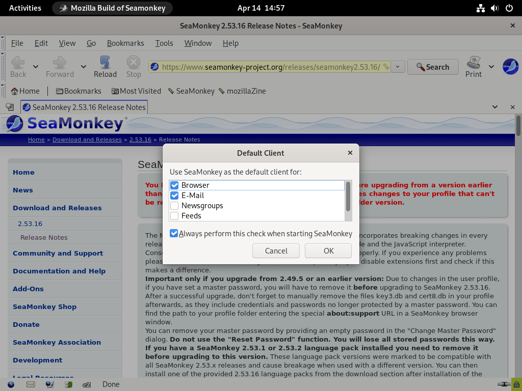 first time prompt for options for seamonkey on debian linux