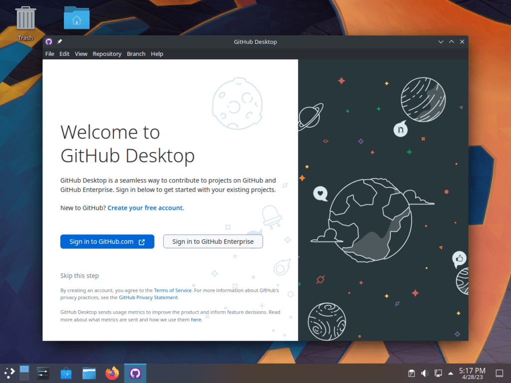 GitHub Desktop interface on openSUSE Leap or Tumbleweed.